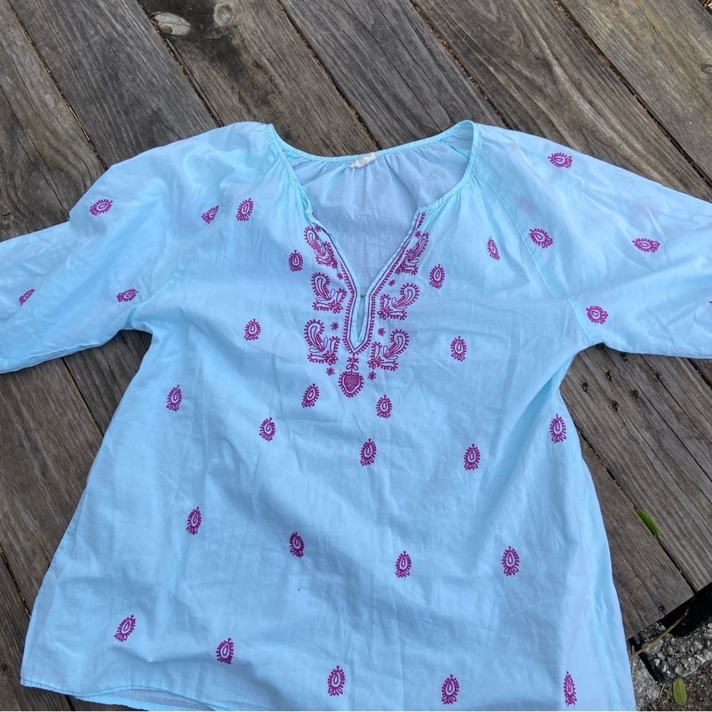 Pink Chicken NY boho Cotton Pastel Teal Magenta embroidered peasant blouse